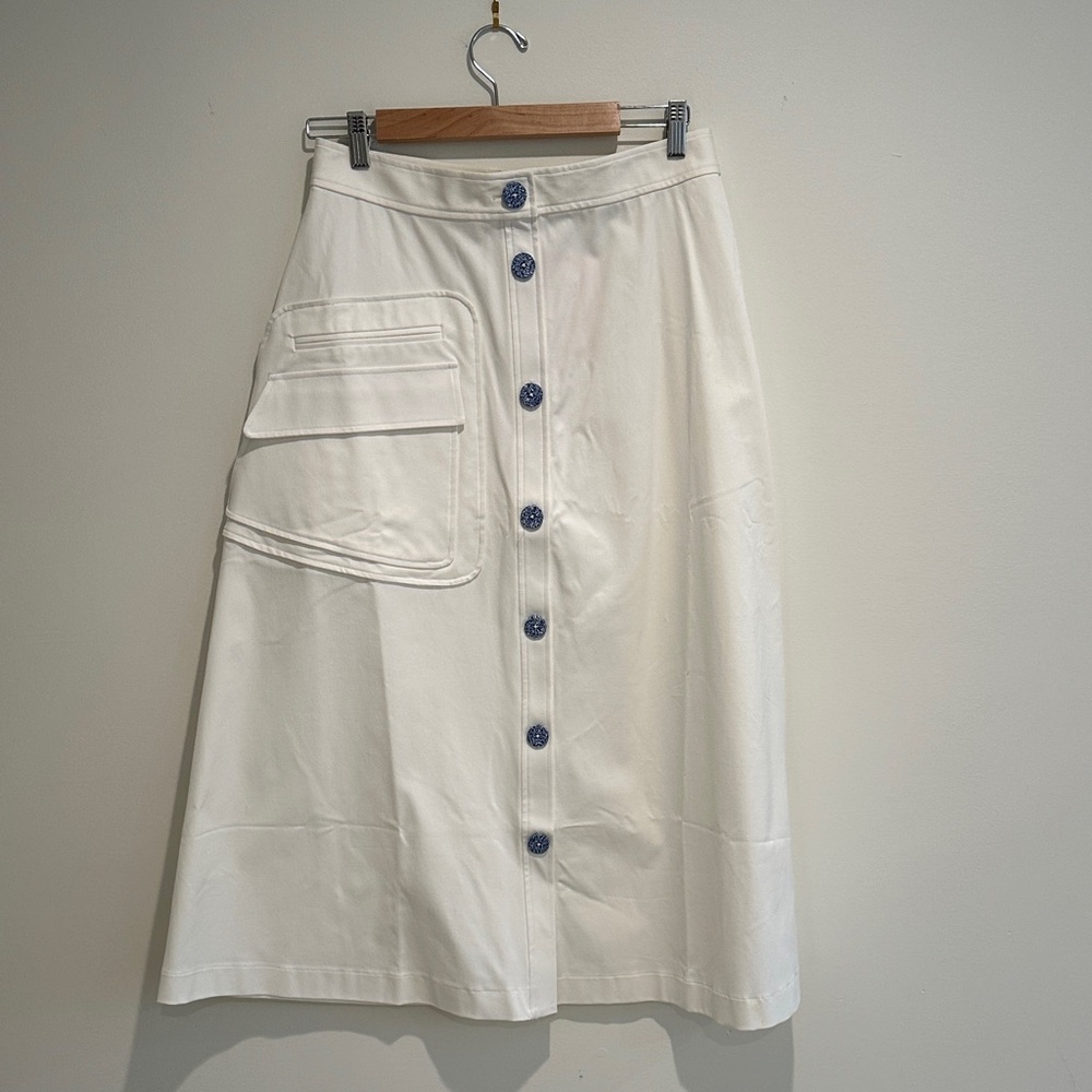 NWT Pearl by Lela Rose White A-Line Midi Skirt with Front Button Detail